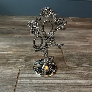 Silver Tone Rose Jewelry Holder Trinket Display Tree Stand Oval Photo Frames